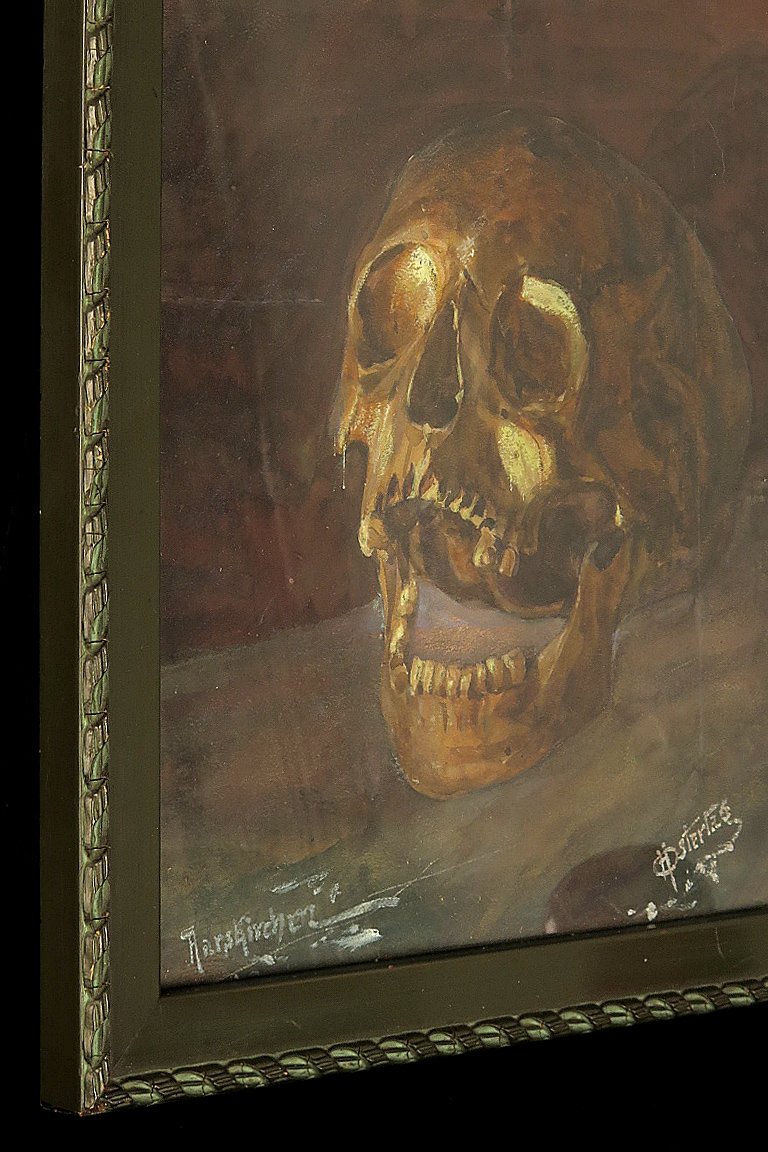 Antique Watercolor, Still Life, Circa 1920 / Memento Mori Painting, Cabinet Of Curiosities-photo-3