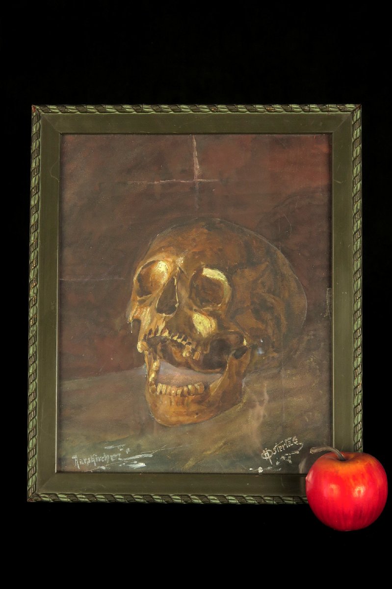 Antique Watercolor, Still Life, Circa 1920 / Memento Mori Painting, Cabinet Of Curiosities-photo-5