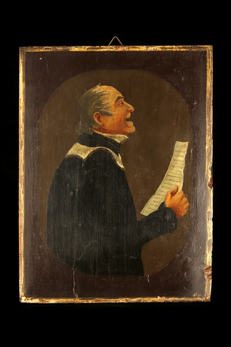 Ancienne peinture à l'huile sur panneau, vers 1880 / Portrait Prêtre Art Populaire