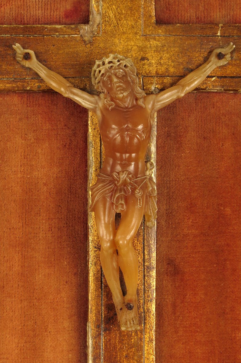 Antique Painting Of Christ On The Cross In Wax, Circa 1850.-photo-4