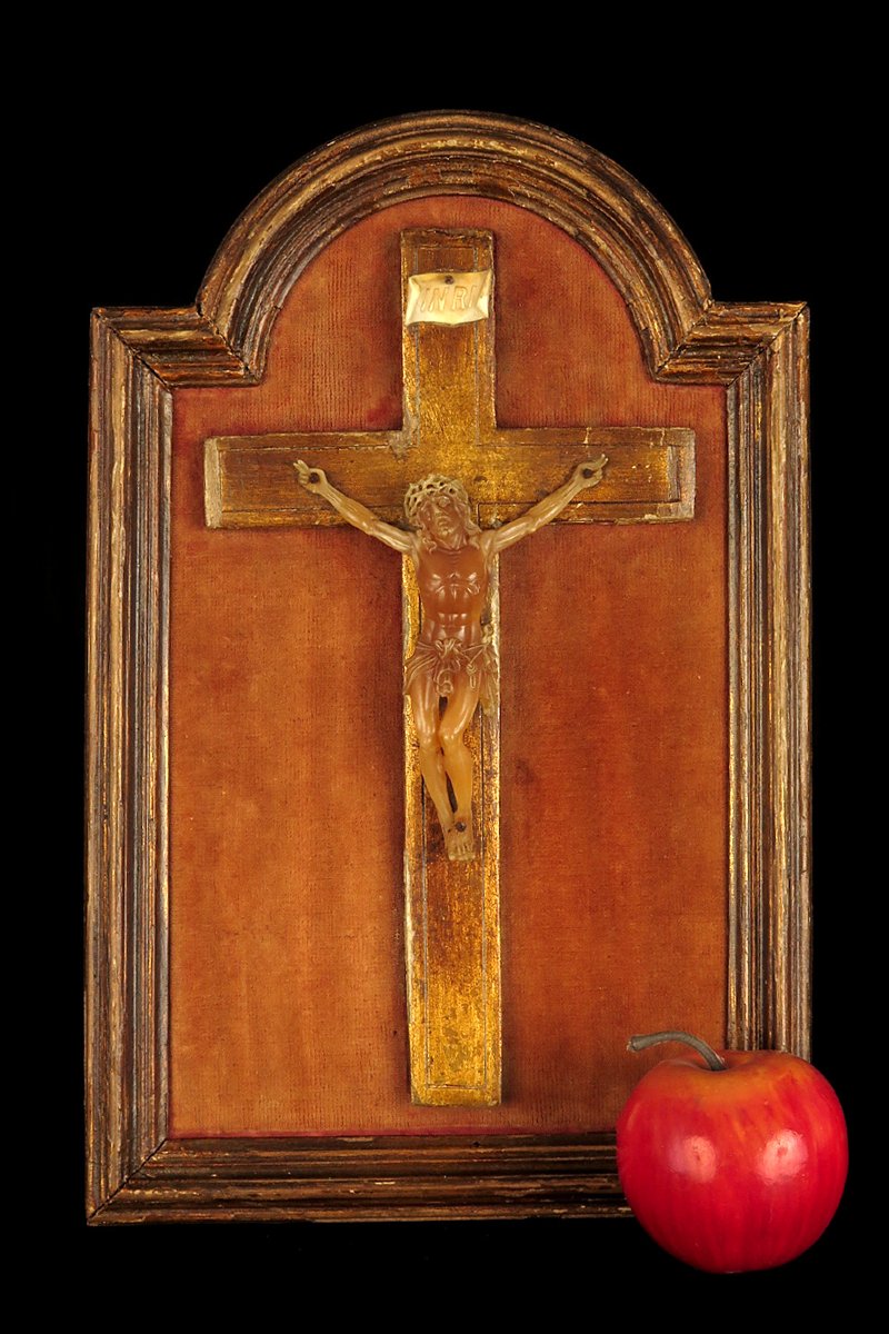 Antique Painting Of Christ On The Cross In Wax, Circa 1850.-photo-7