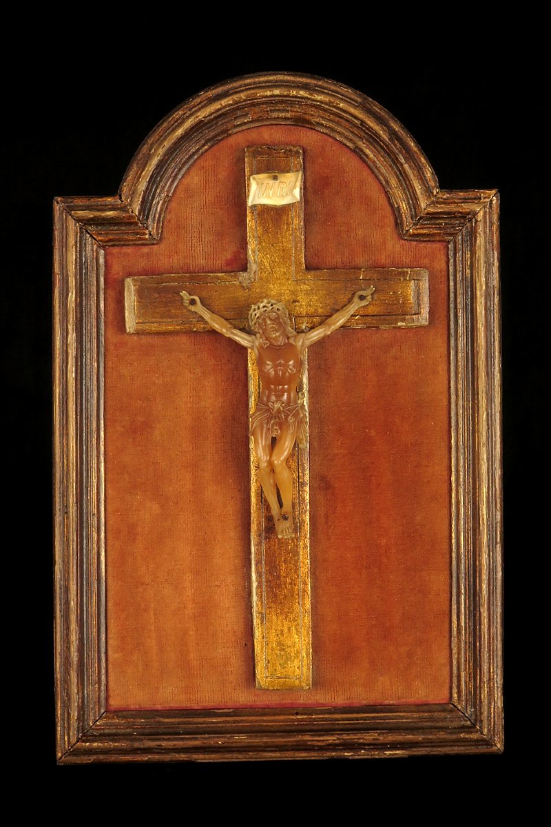 Antique Painting Of Christ On The Cross In Wax, Circa 1850.