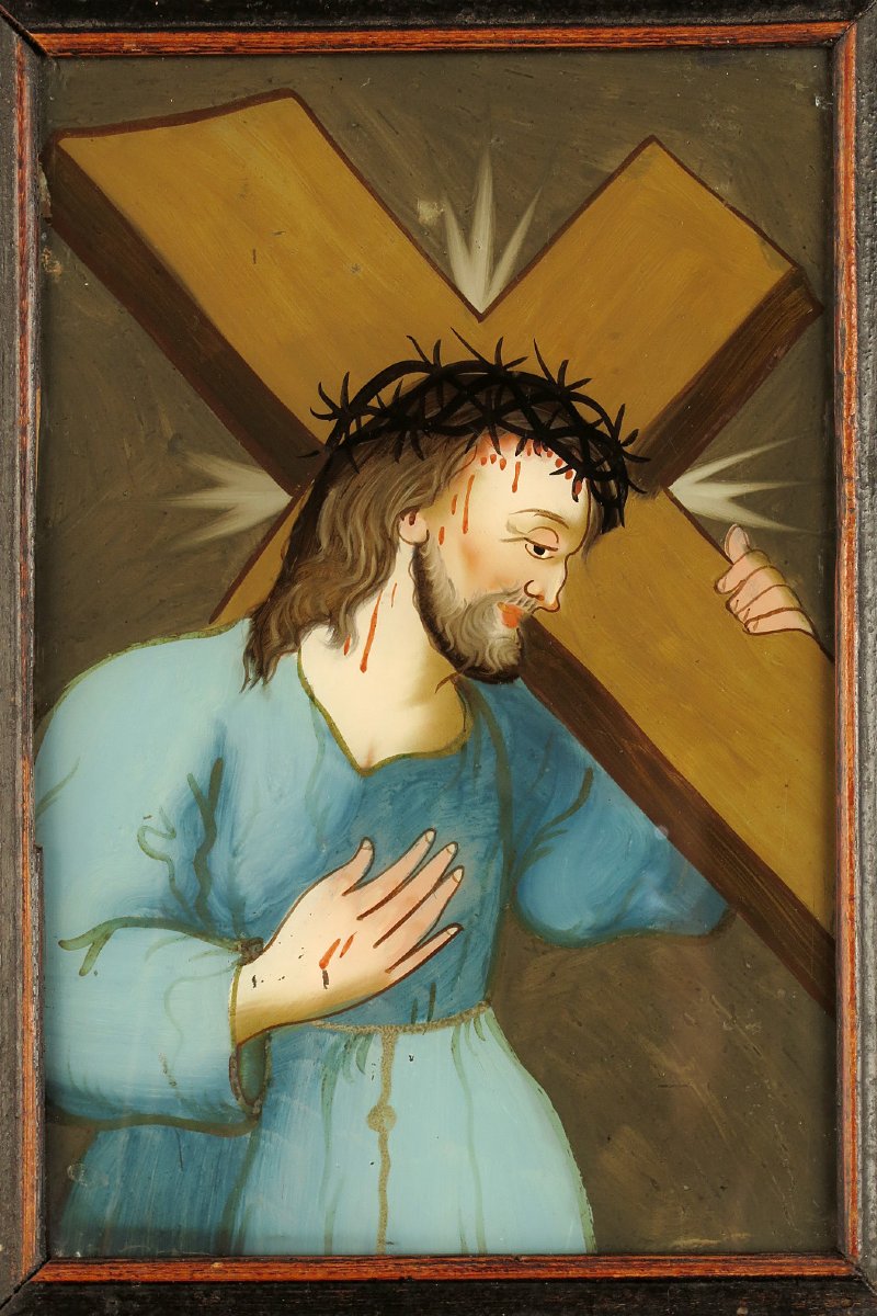 Ancien fixé, peinture sous verre inversée vers 1880 / Art populaire Alsacien, Christ Croix-photo-2