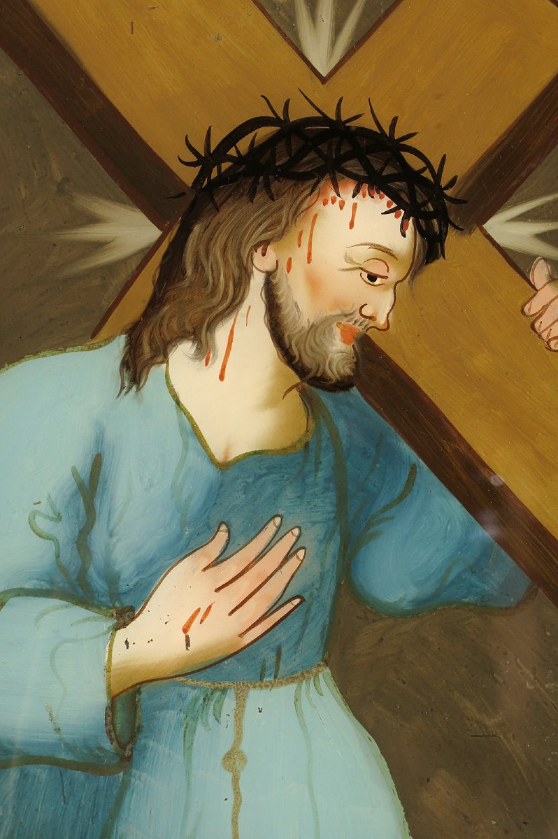  Ancien fixé, peinture sous verre inversée vers 1880 / Art populaire Alsacien, Christ Croix-photo-3
