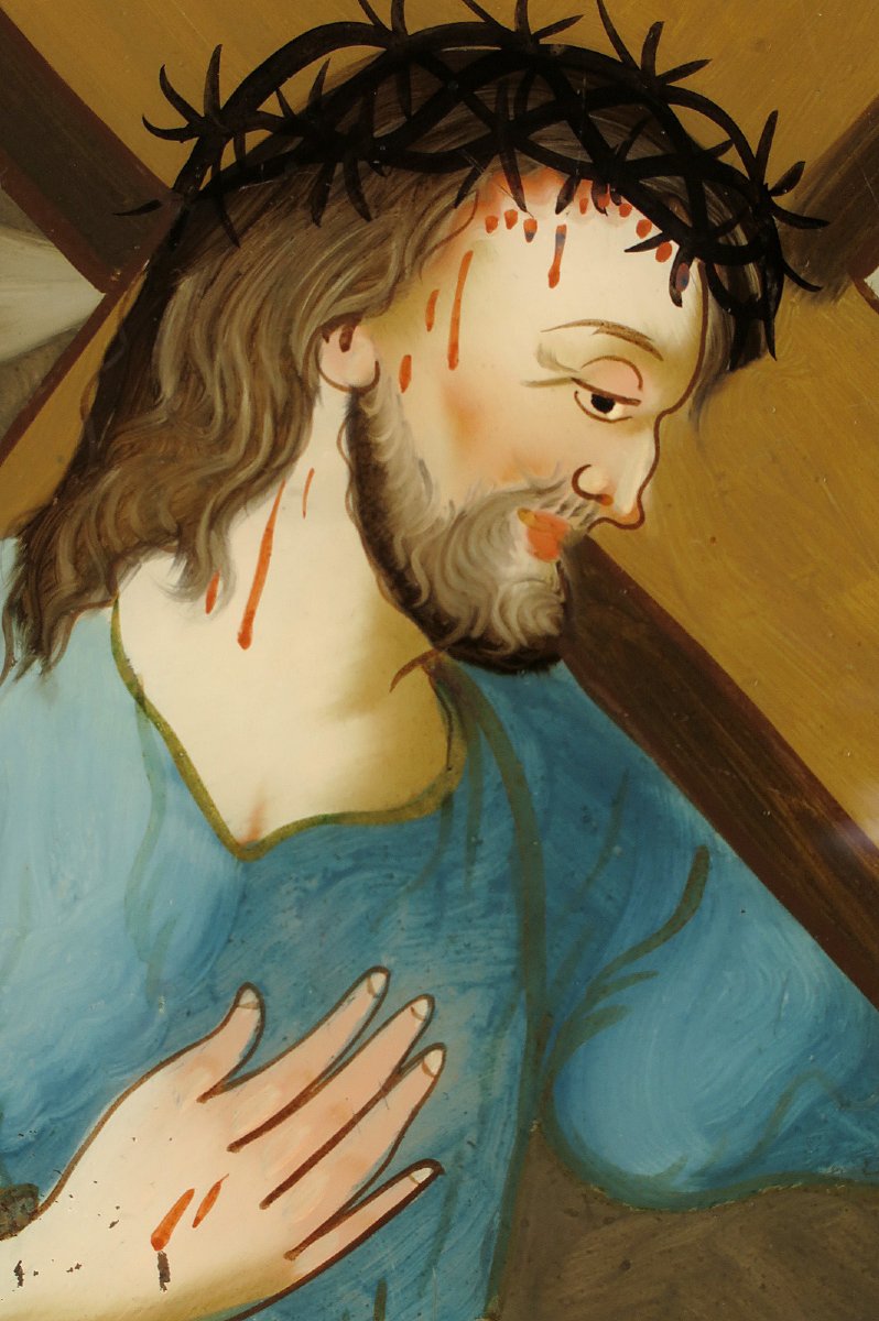 Ancien fixé, peinture sous verre inversée vers 1880 / Art populaire Alsacien, Christ Croix-photo-4