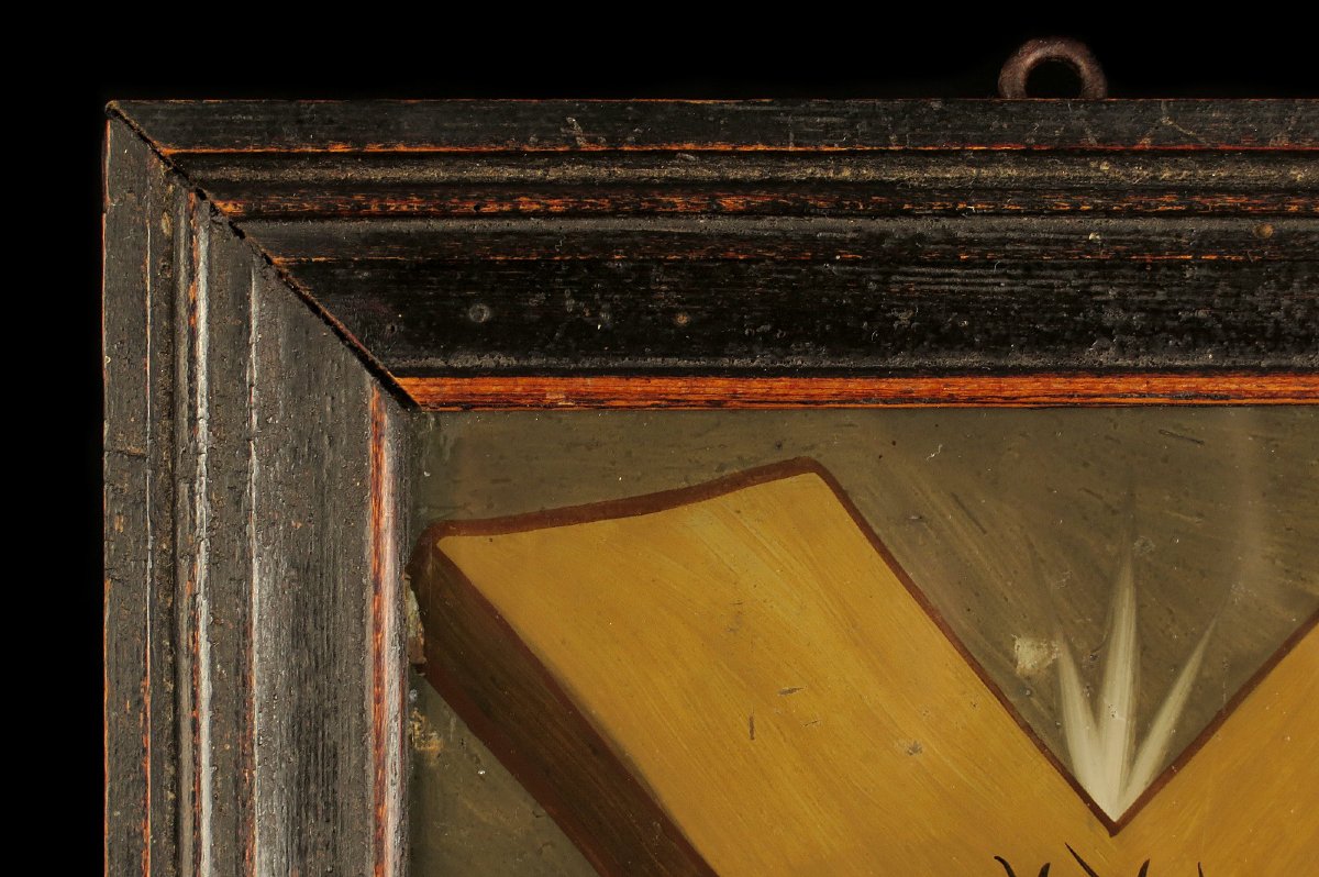  Ancien fixé, peinture sous verre inversée vers 1880 / Art populaire Alsacien, Christ Croix-photo-1