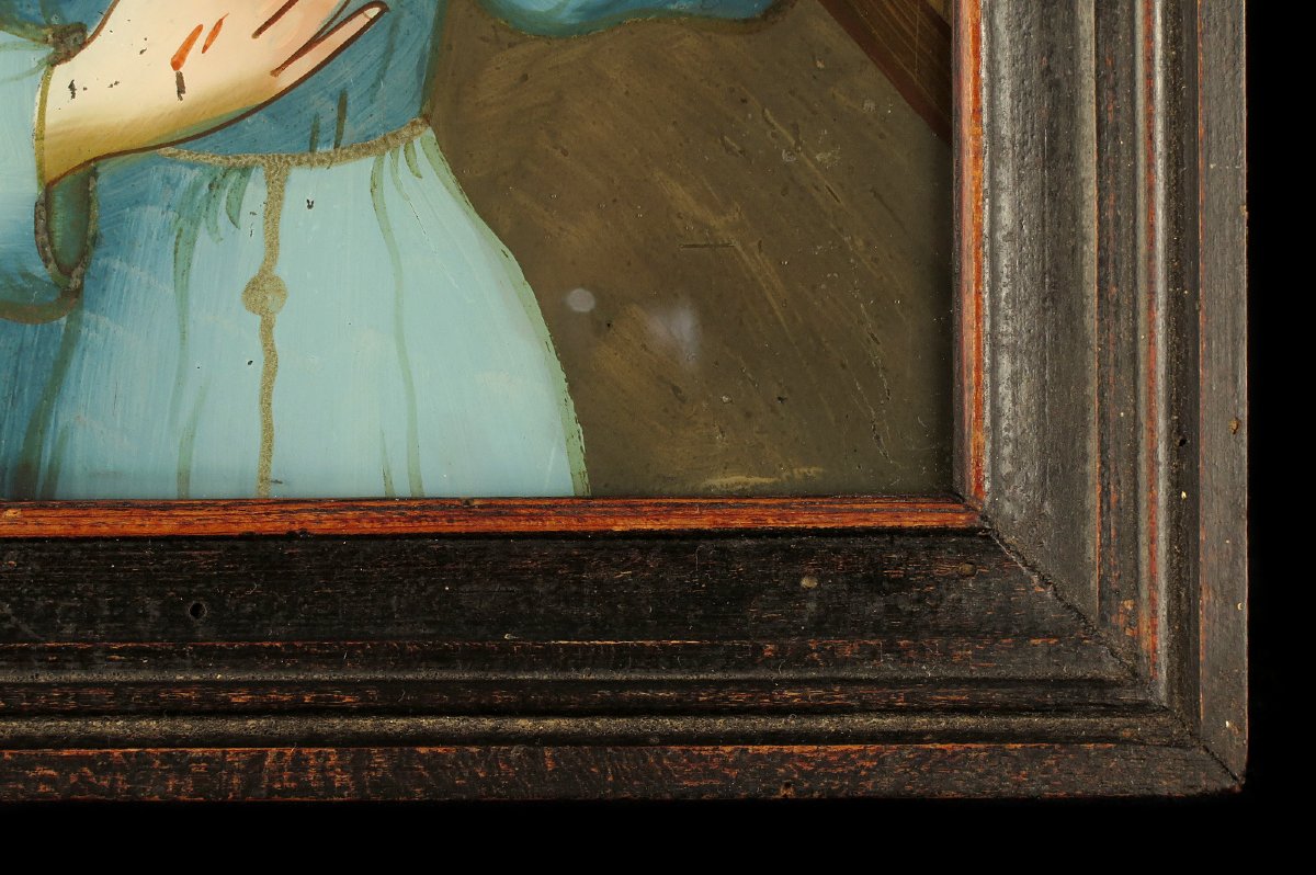  Ancien fixé, peinture sous verre inversée vers 1880 / Art populaire Alsacien, Christ Croix-photo-2