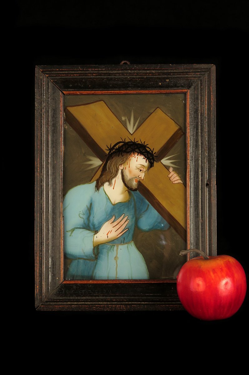  Ancien fixé, peinture sous verre inversée vers 1880 / Art populaire Alsacien, Christ Croix-photo-6