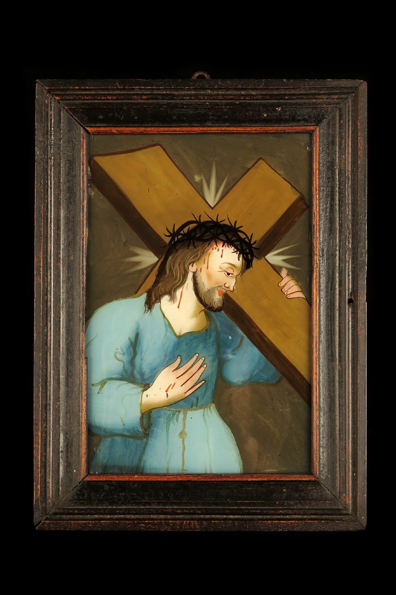  Ancien fixé, peinture sous verre inversée vers 1880 / Art populaire Alsacien, Christ Croix