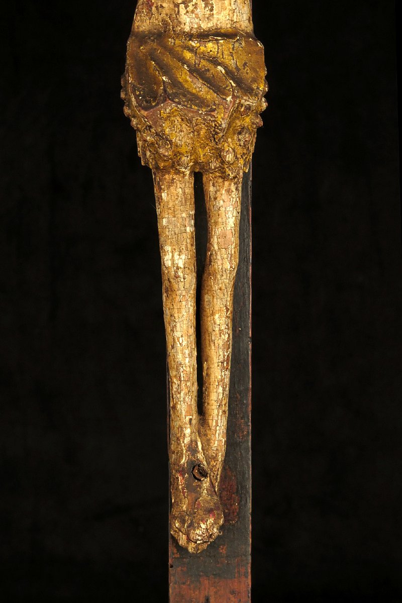 Ancien crucifix, Christ sur Croix vers 1850 / Art populaire, sculpture bois polychrome-photo-4