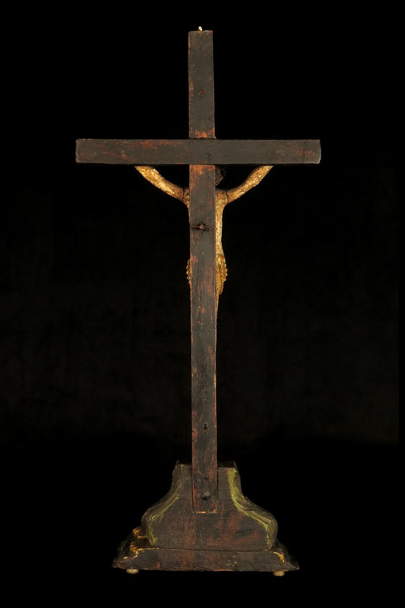 Ancien crucifix, Christ sur Croix vers 1850 / Art populaire, sculpture bois polychrome-photo-4
