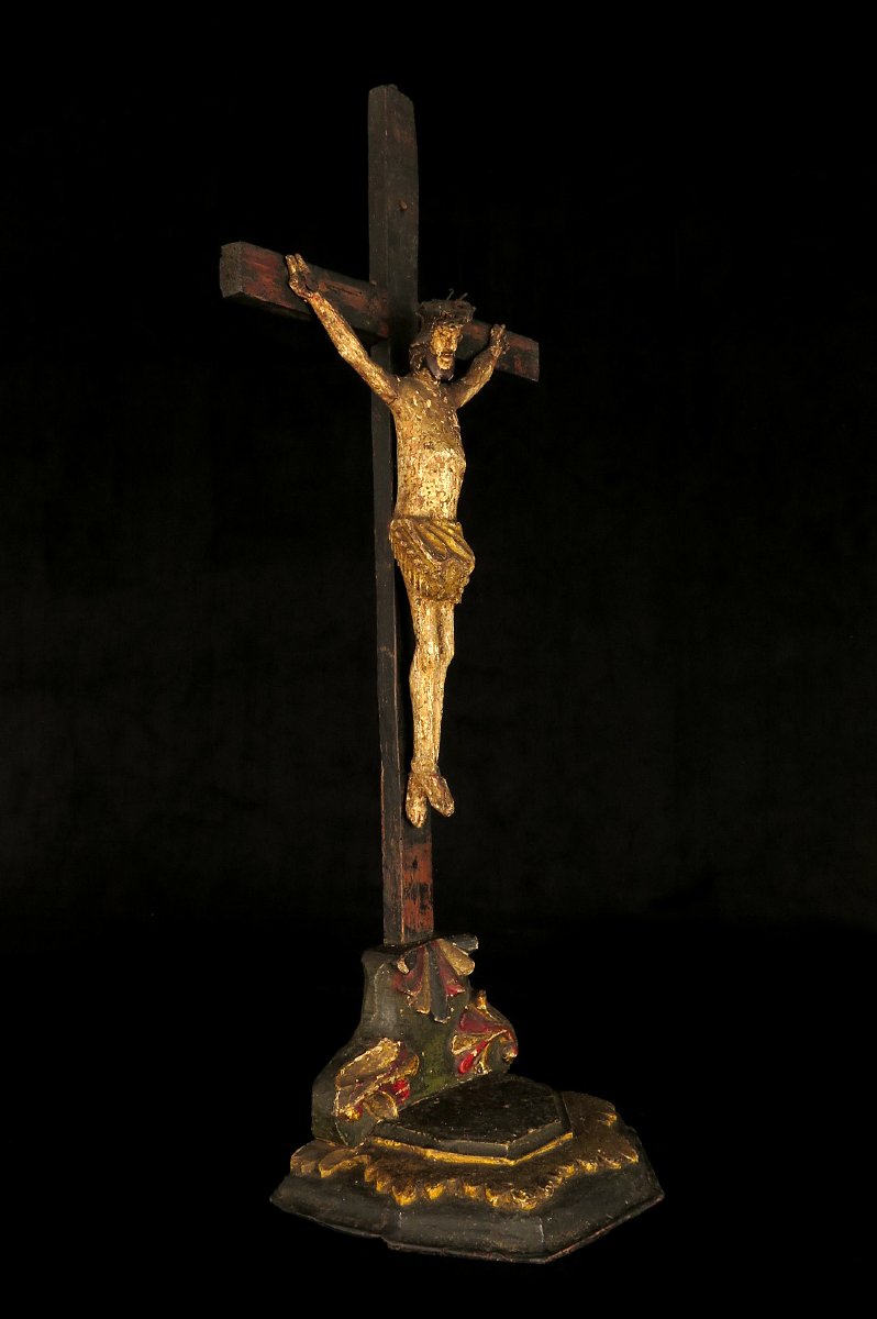 Ancien crucifix, Christ sur Croix vers 1850 / Art populaire, sculpture bois polychrome-photo-5