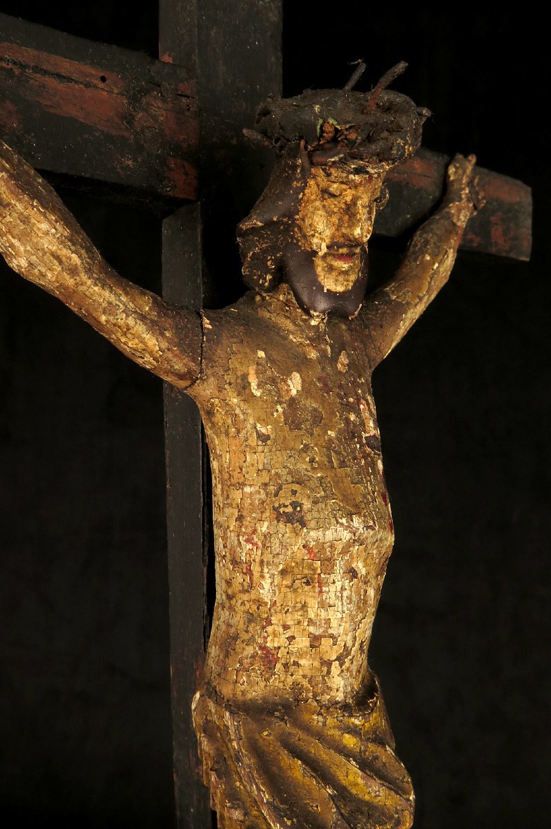 Ancien crucifix, Christ sur Croix vers 1850 / Art populaire, sculpture bois polychrome-photo-6