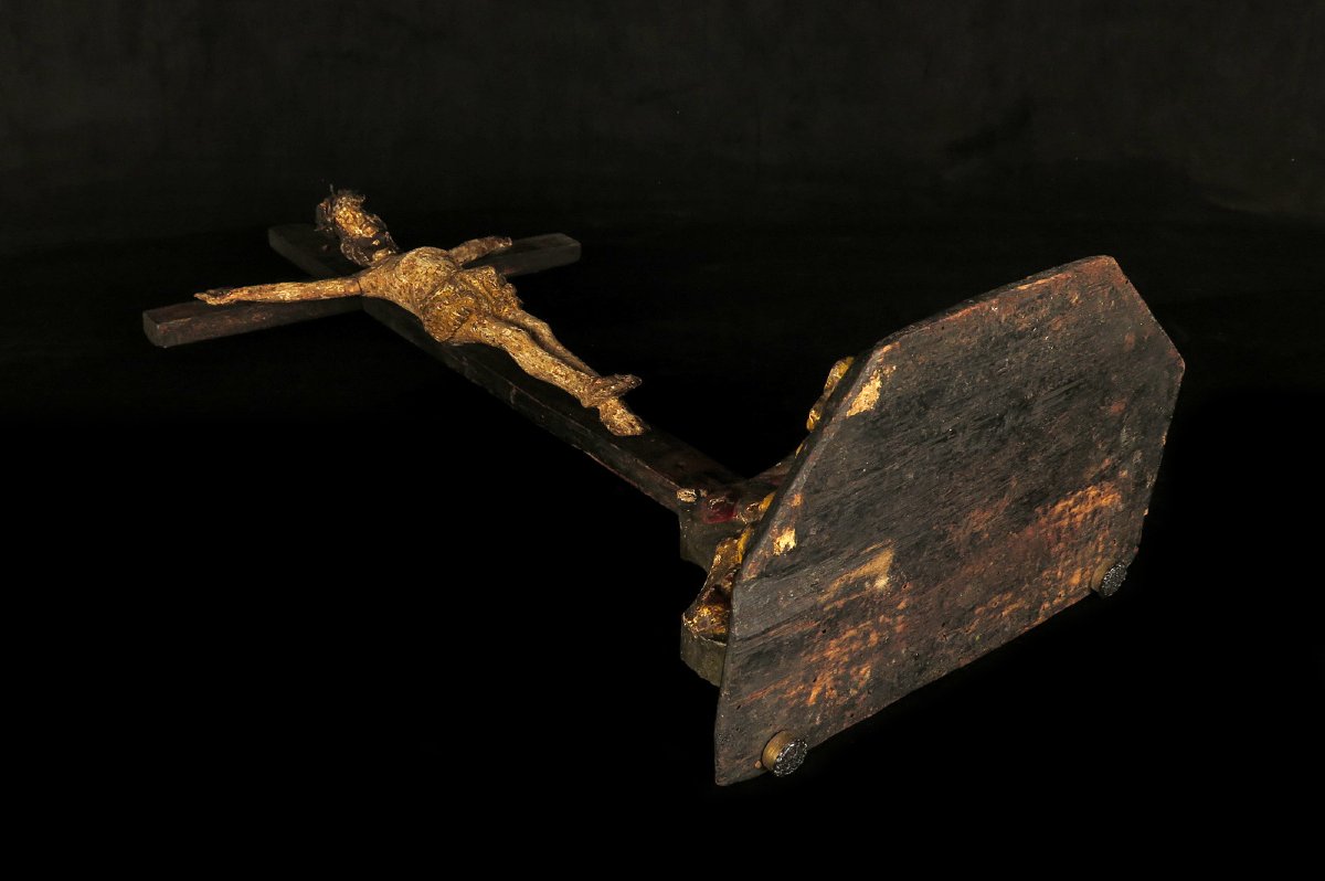 Ancien crucifix, Christ sur Croix vers 1850 / Art populaire, sculpture bois polychrome-photo-7