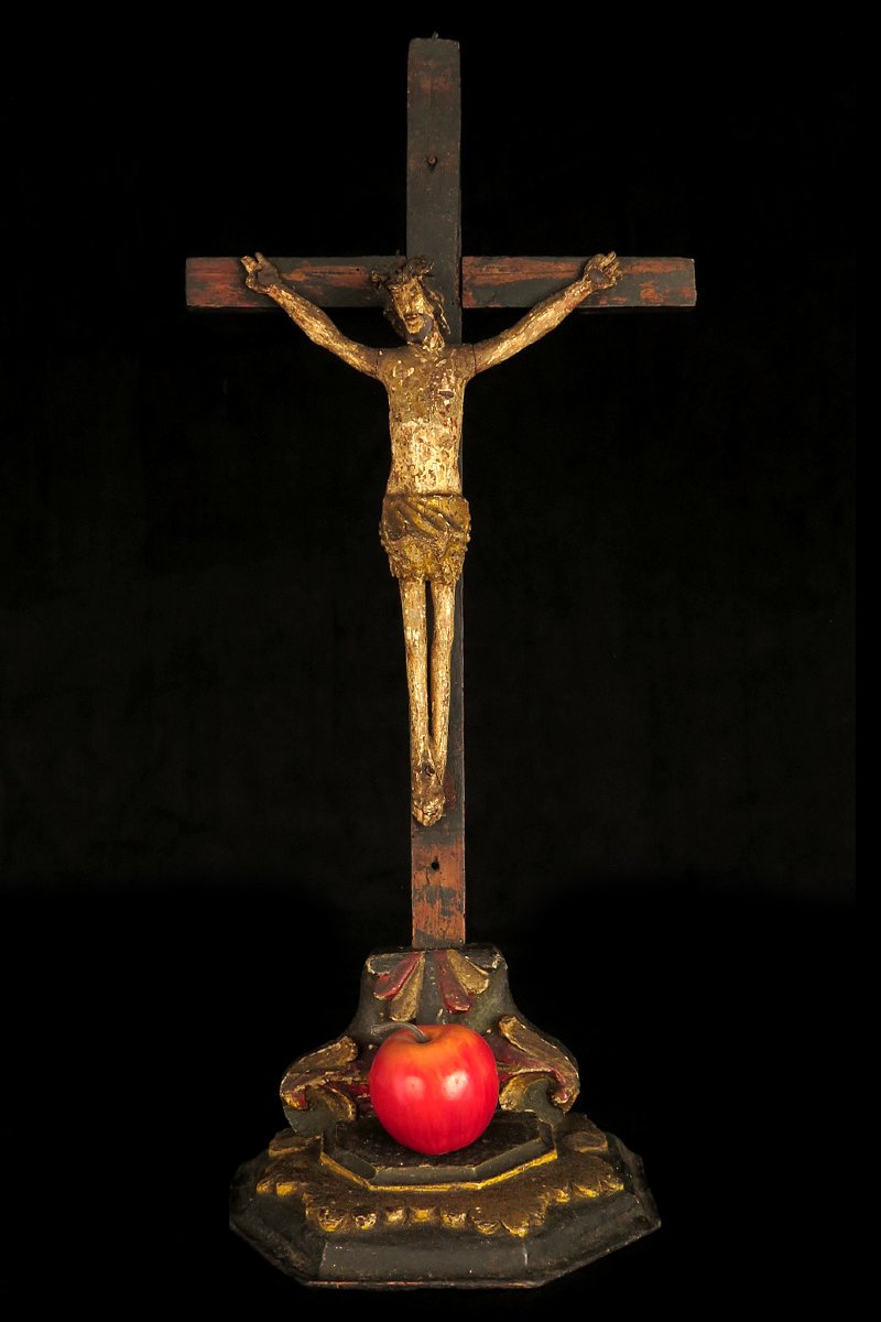 Ancien crucifix, Christ sur Croix vers 1850 / Art populaire, sculpture bois polychrome-photo-8