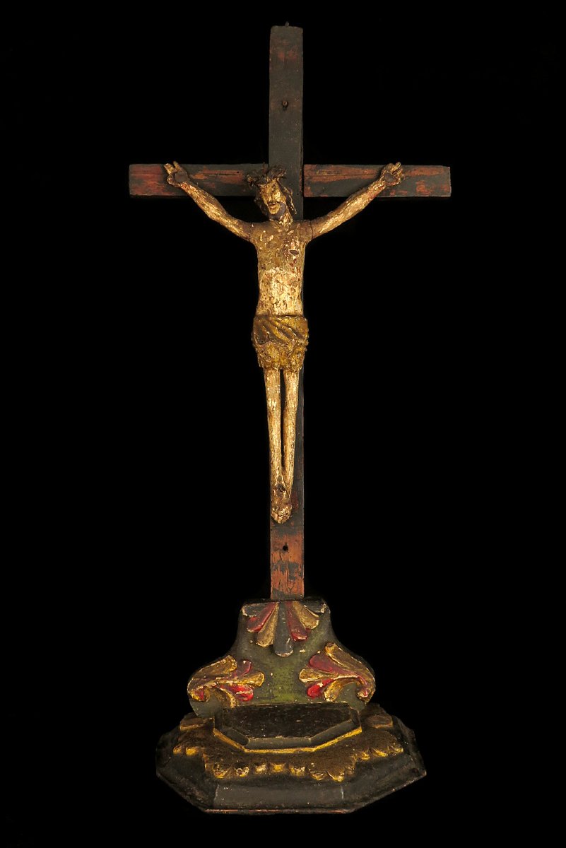 Ancien crucifix, Christ sur Croix vers 1850 / Art populaire, sculpture bois polychrome