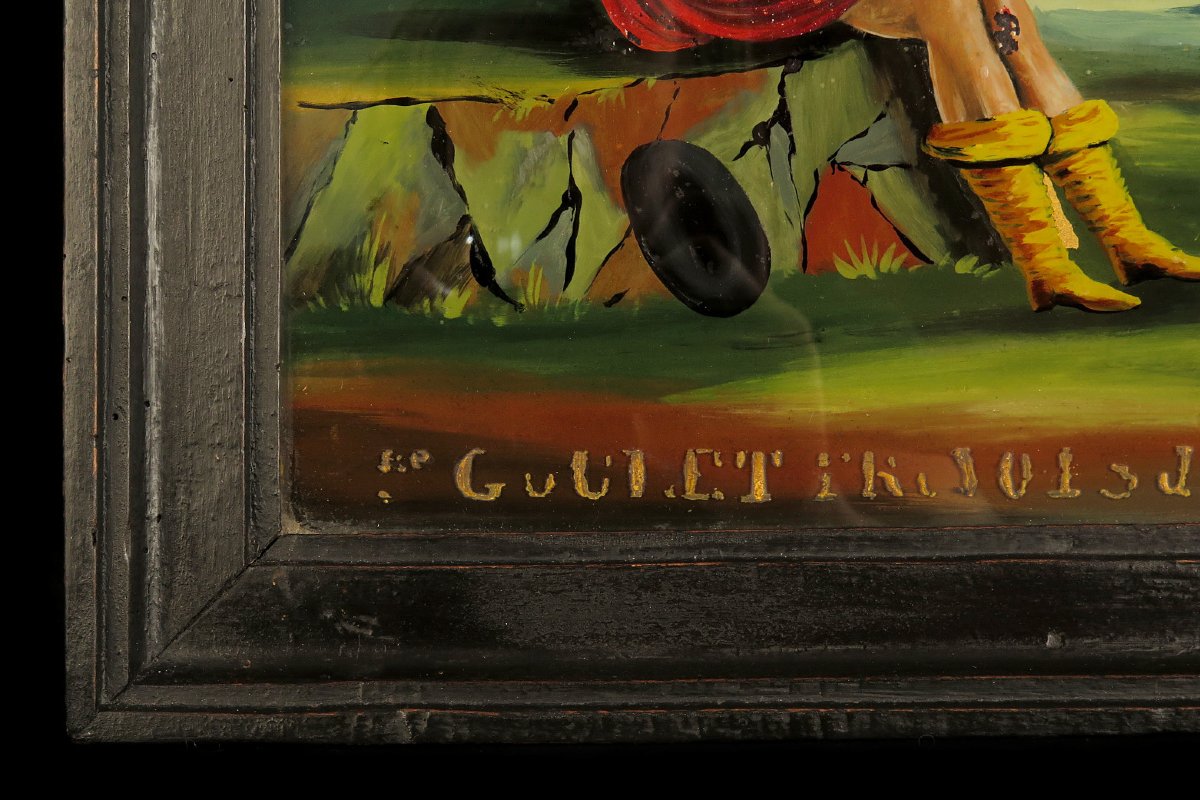 Ancien fixé, peinture religieuse sous verre vers 1860 / Saint Roch Ex Voto ?-photo-4