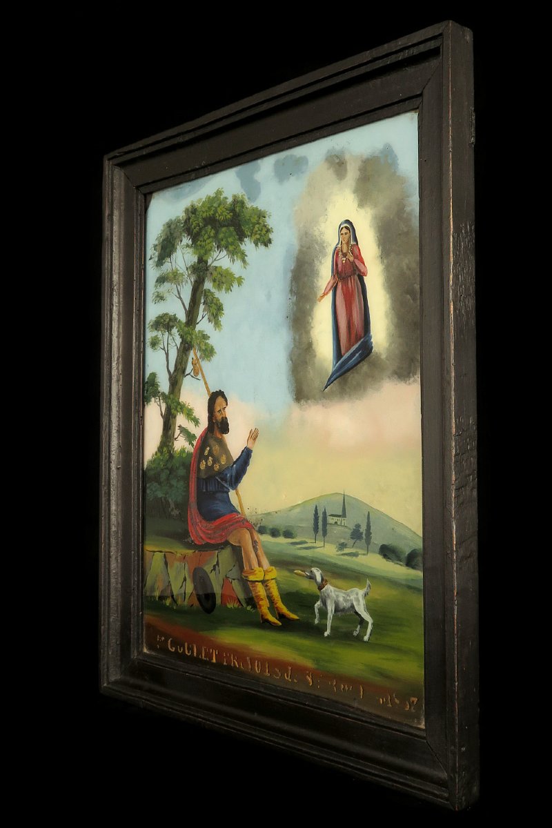 Ancien fixé, peinture religieuse sous verre vers 1860 / Saint Roch Ex Voto ?-photo-6