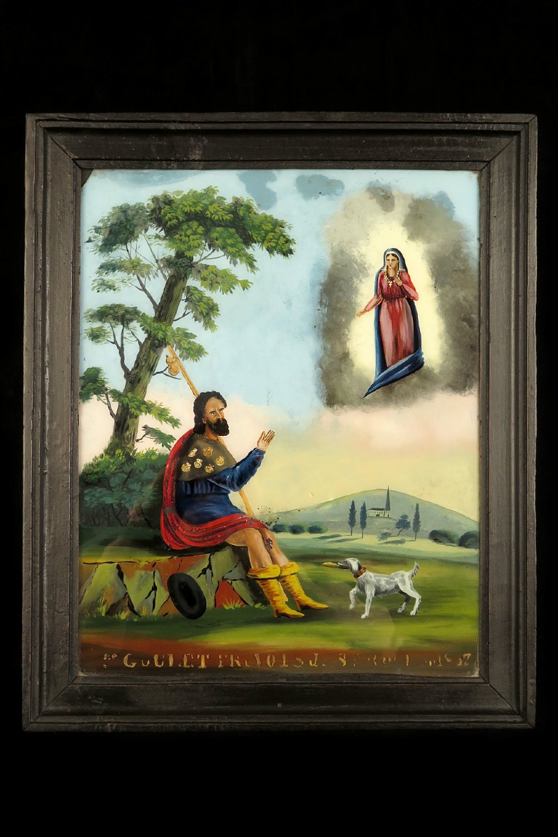 Ancien fixé, peinture religieuse sous verre vers 1860 / Saint Roch Ex Voto ?