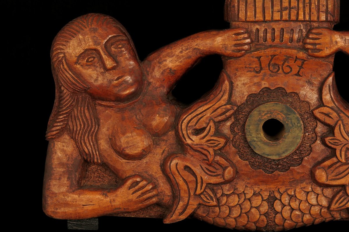 Ancien verrou de fut, clefs de tonneau / Art populaire Alsacien réalisé dans du chêne sculpté-photo-2