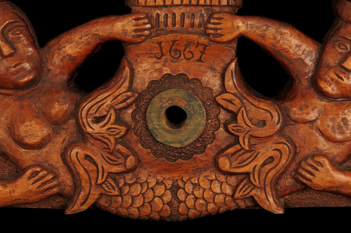 Ancien verrou de fut, clefs de tonneau / Art populaire Alsacien réalisé dans du chêne sculpté-photo-3