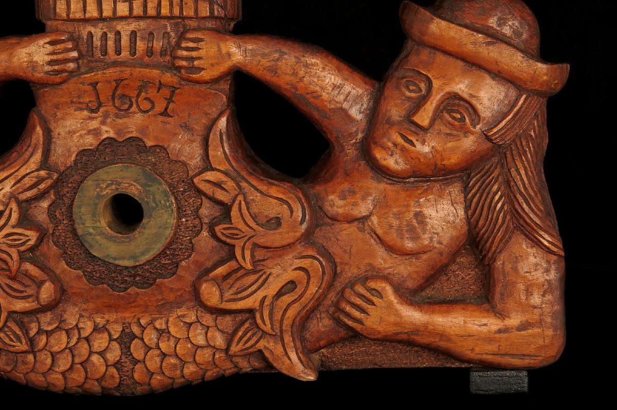 Ancien verrou de fut, clefs de tonneau / Art populaire Alsacien réalisé dans du chêne sculpté-photo-4