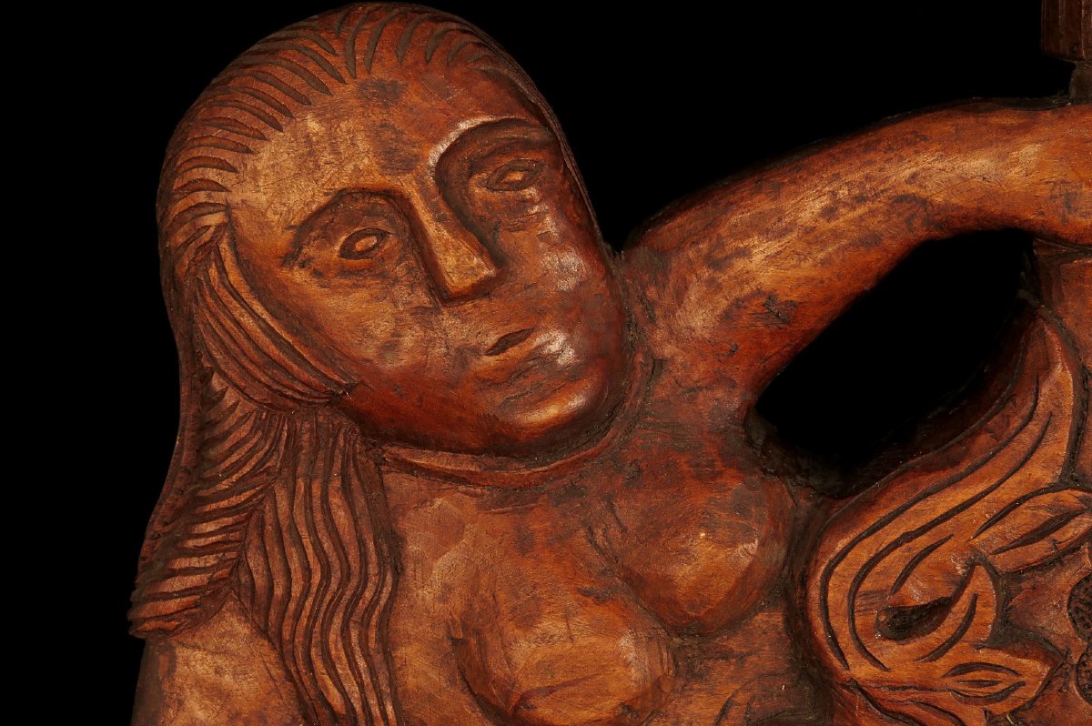 Ancien verrou de fut, clefs de tonneau / Art populaire Alsacien réalisé dans du chêne sculpté-photo-1