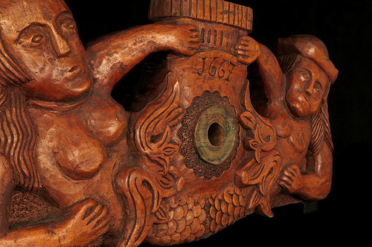 Ancien verrou de fut, clefs de tonneau / Art populaire Alsacien réalisé dans du chêne sculpté-photo-7