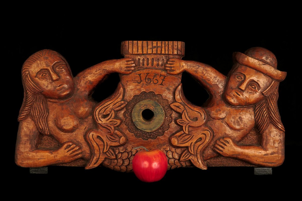 Ancien verrou de fut, clefs de tonneau / Art populaire Alsacien réalisé dans du chêne sculpté-photo-8