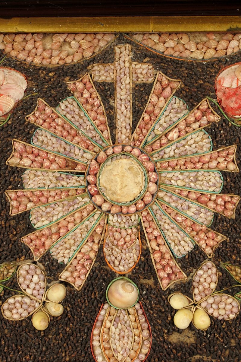 Antique Religious Composition Made Of Seashells, Folk Art Circa 1880.-photo-2