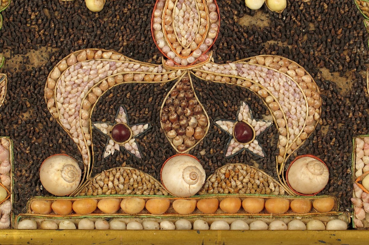 Antique Religious Composition Made Of Seashells, Folk Art Circa 1880.-photo-3