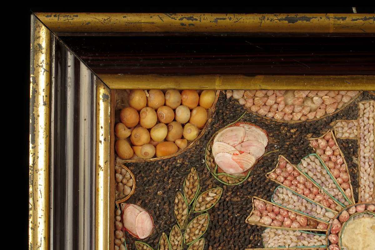 Antique Religious Composition Made Of Seashells, Folk Art Circa 1880.-photo-4