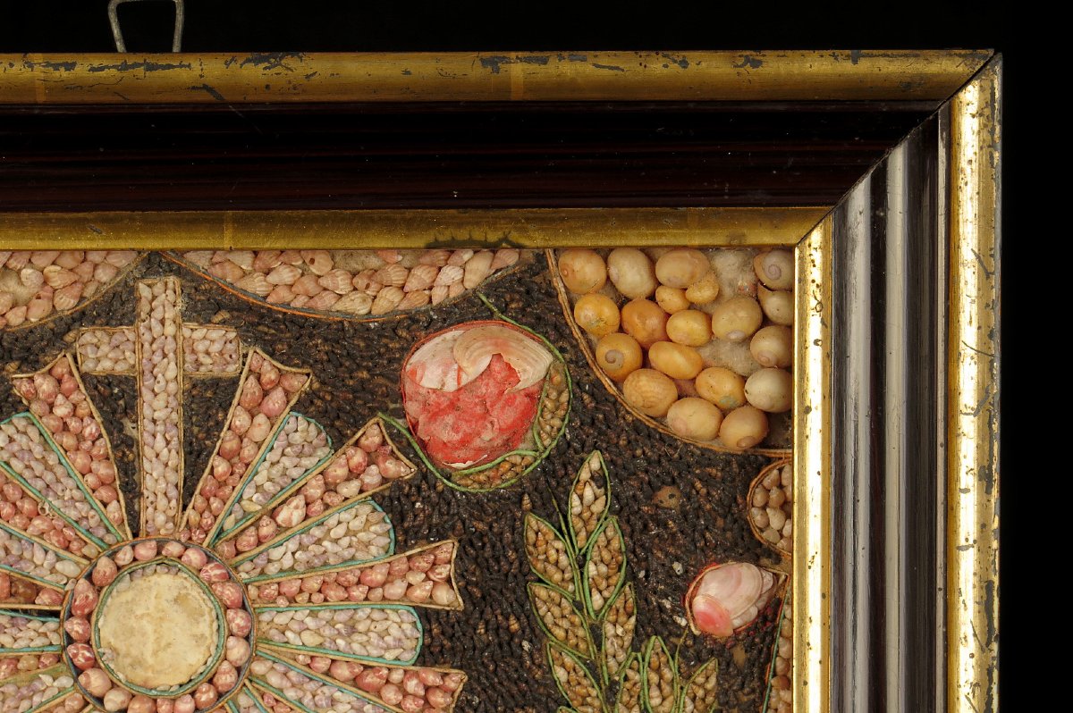 Antique Religious Composition Made Of Seashells, Folk Art Circa 1880.-photo-1