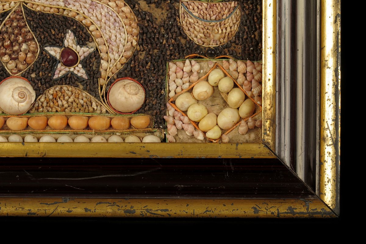 Antique Religious Composition Made Of Seashells, Folk Art Circa 1880.-photo-2