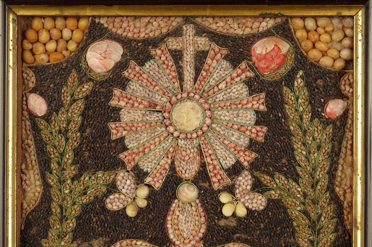 Antique Religious Composition Made Of Seashells, Folk Art Circa 1880.-photo-3
