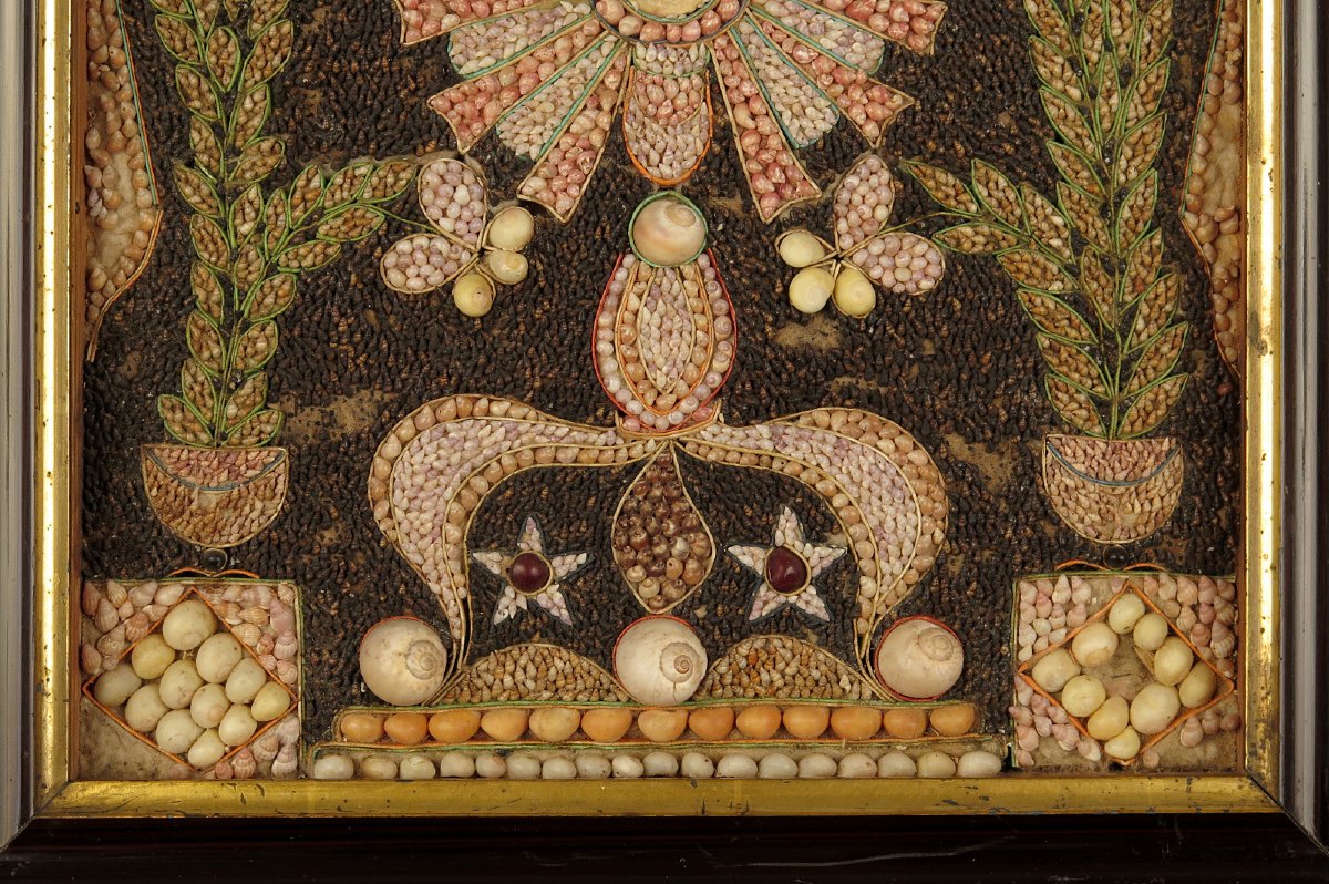 Antique Religious Composition Made Of Seashells, Folk Art Circa 1880.-photo-4
