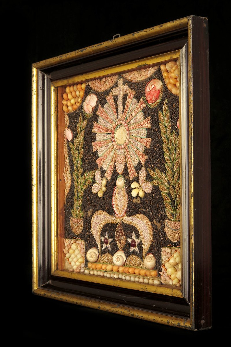 Antique Religious Composition Made Of Seashells, Folk Art Circa 1880.-photo-5