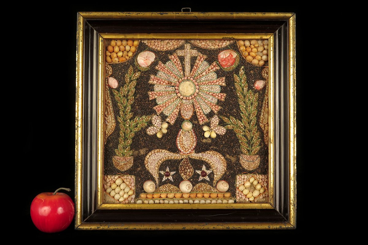 Antique Religious Composition Made Of Seashells, Folk Art Circa 1880.-photo-8