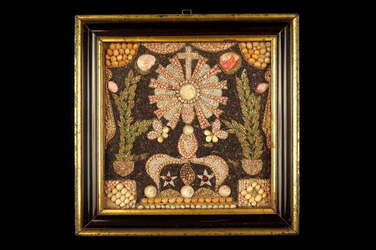 Antique Religious Composition Made Of Seashells, Folk Art Circa 1880.