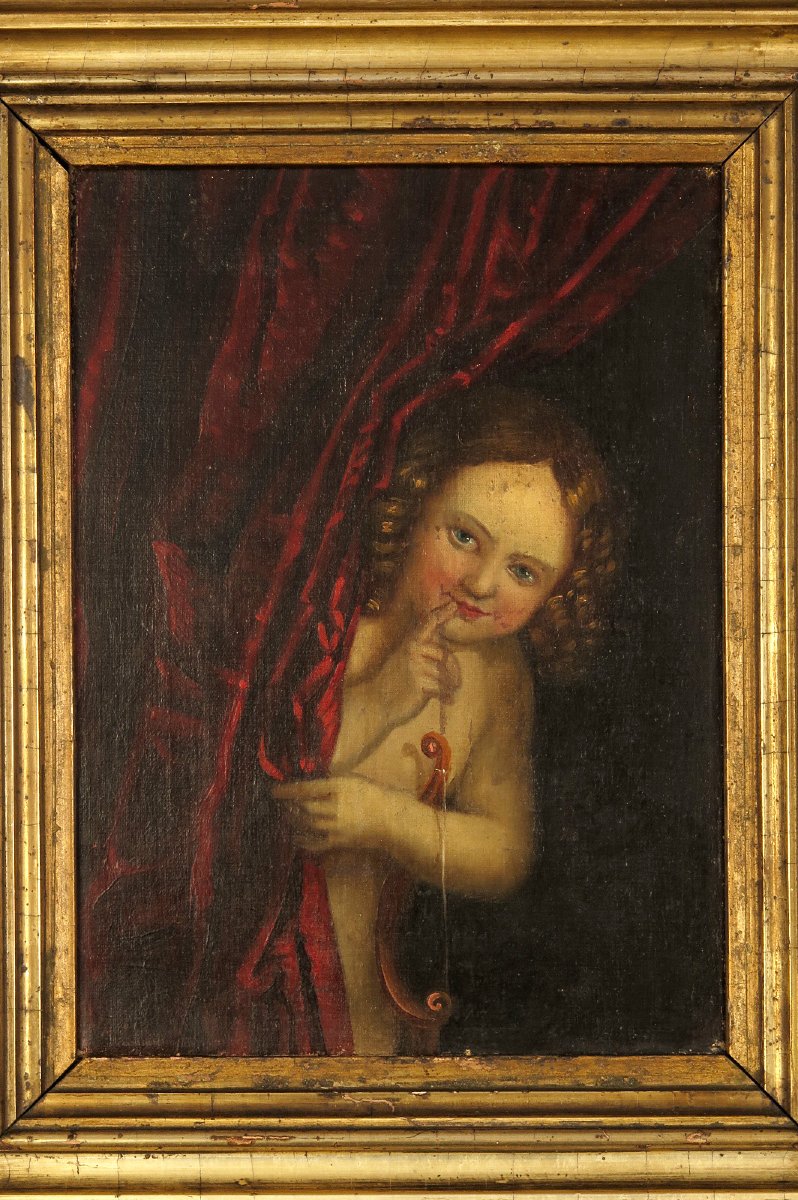 Antique Oil Painting On Canvas, Portrait Of Cupid, Circa 1880.-photo-2
