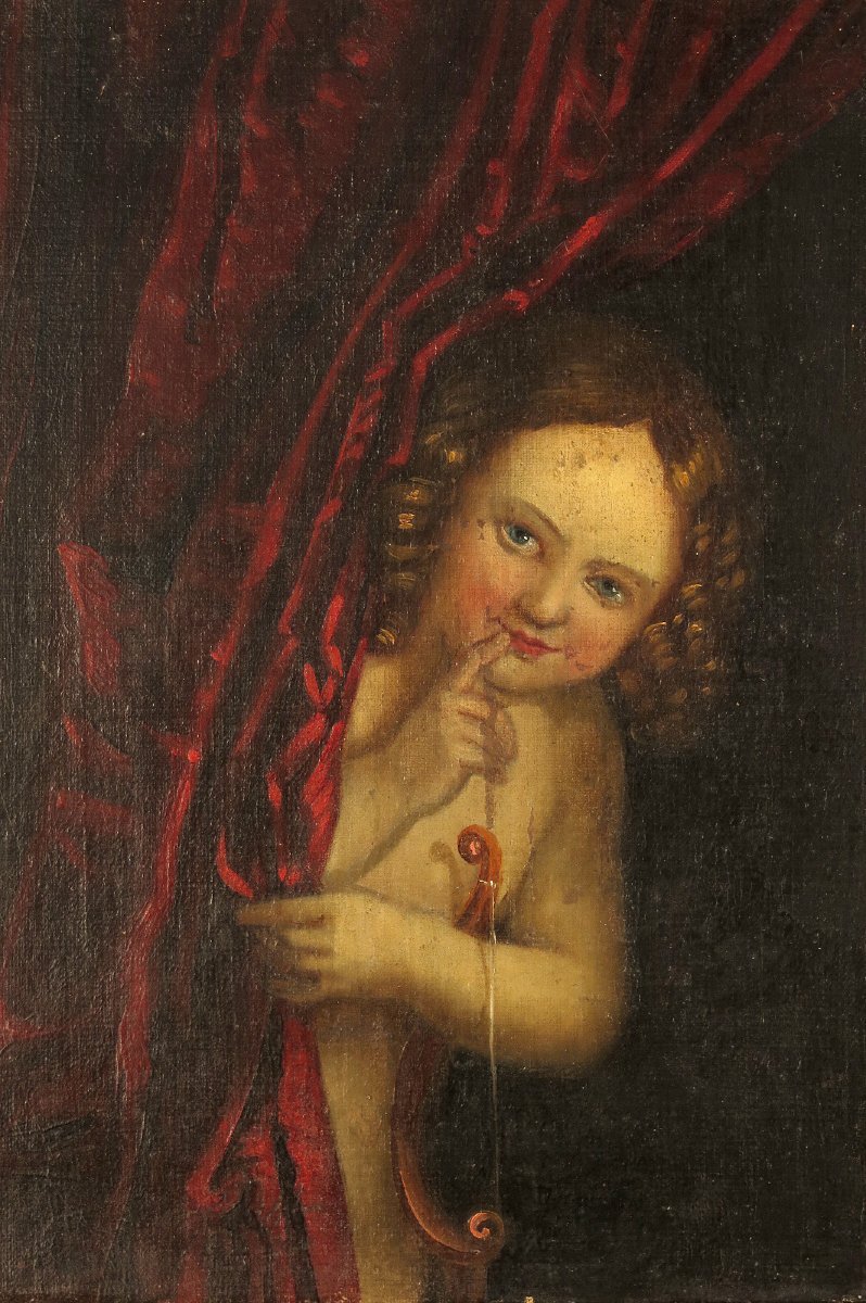 Antique Oil Painting On Canvas, Portrait Of Cupid, Circa 1880.-photo-3