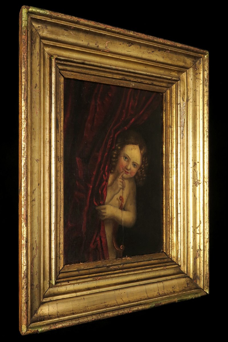 Antique Oil Painting On Canvas, Portrait Of Cupid, Circa 1880.-photo-4