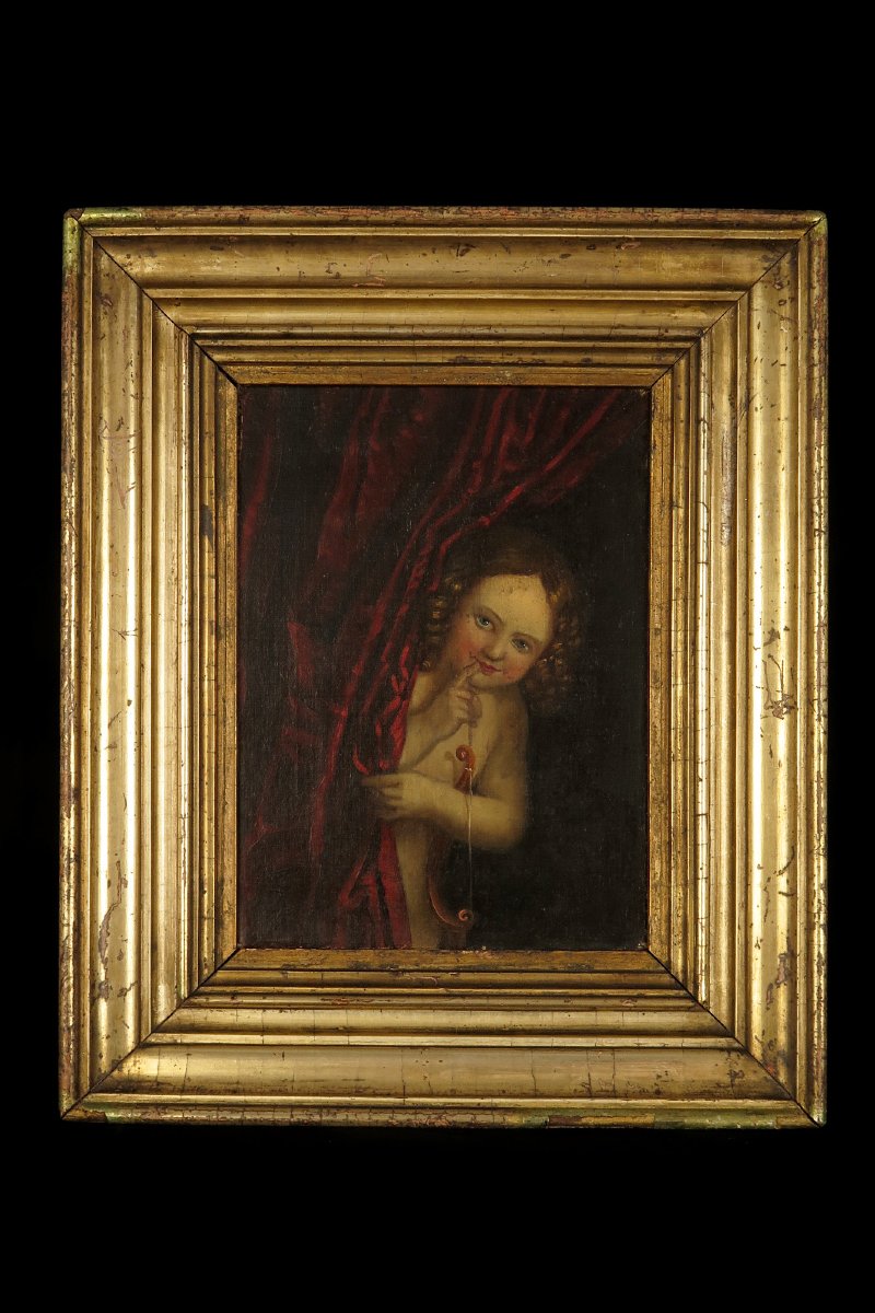 Antique Oil Painting On Canvas, Portrait Of Cupid, Circa 1880.