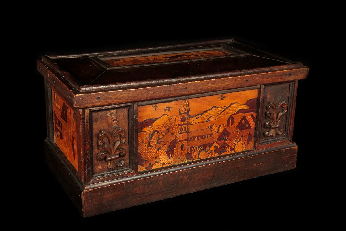 Antique Box With Folk-art Marquetry, Originally From Switzerland, Circa 1850.-photo-2