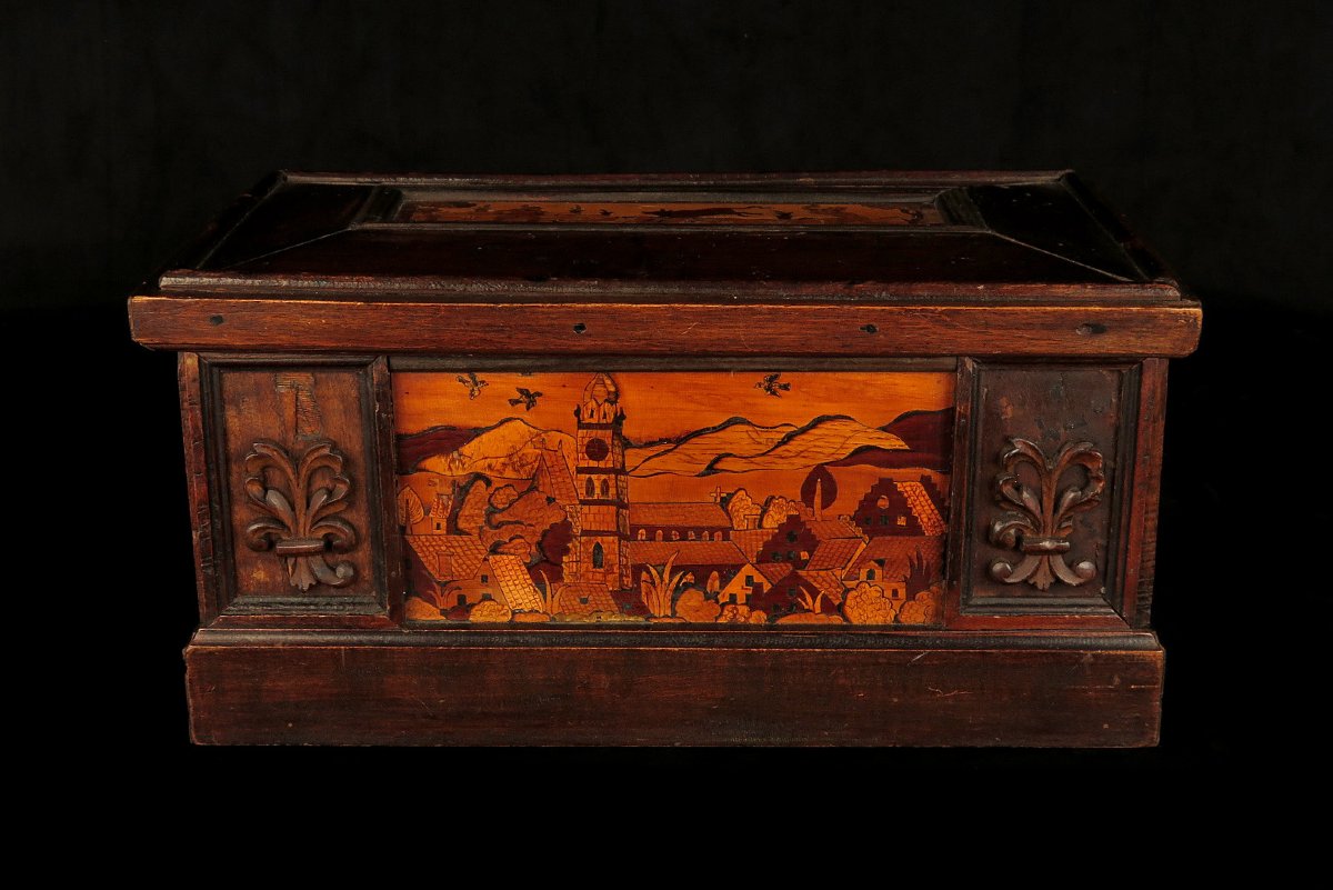 Antique Box With Folk-art Marquetry, Originally From Switzerland, Circa 1850.-photo-3