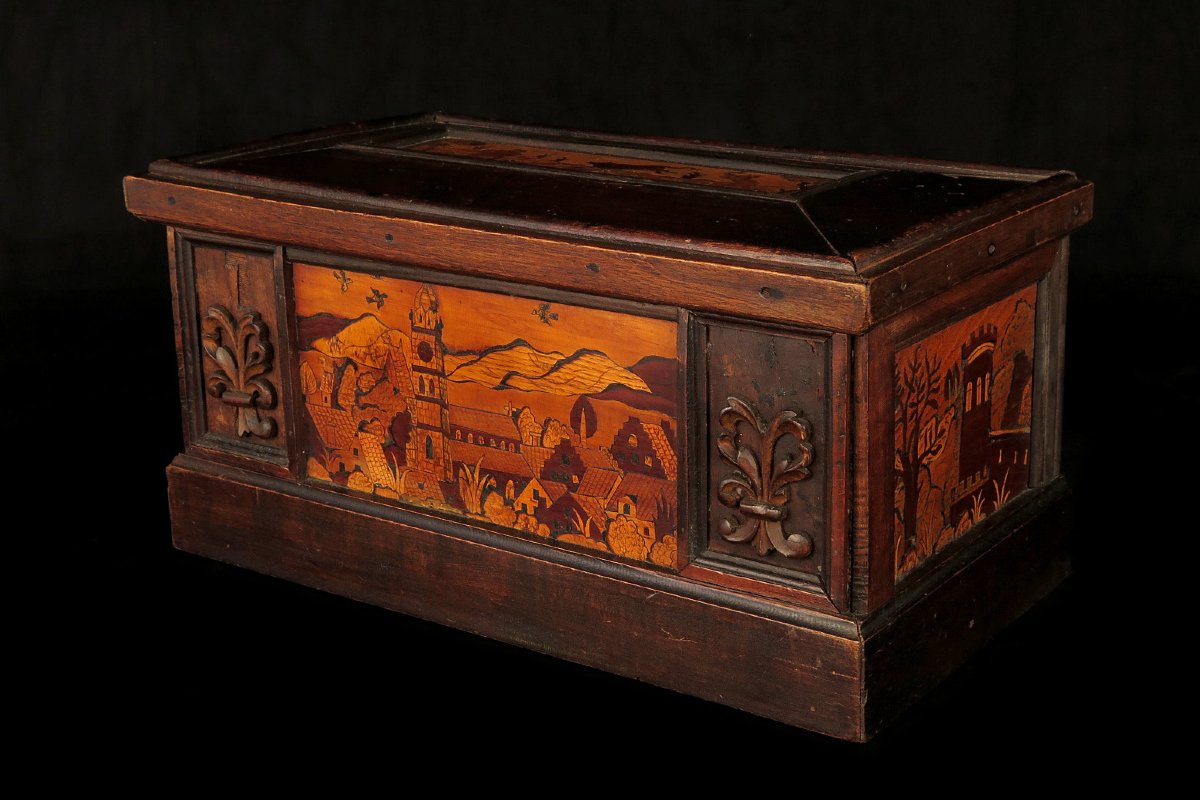 Antique Box With Folk-art Marquetry, Originally From Switzerland, Circa 1850.-photo-1