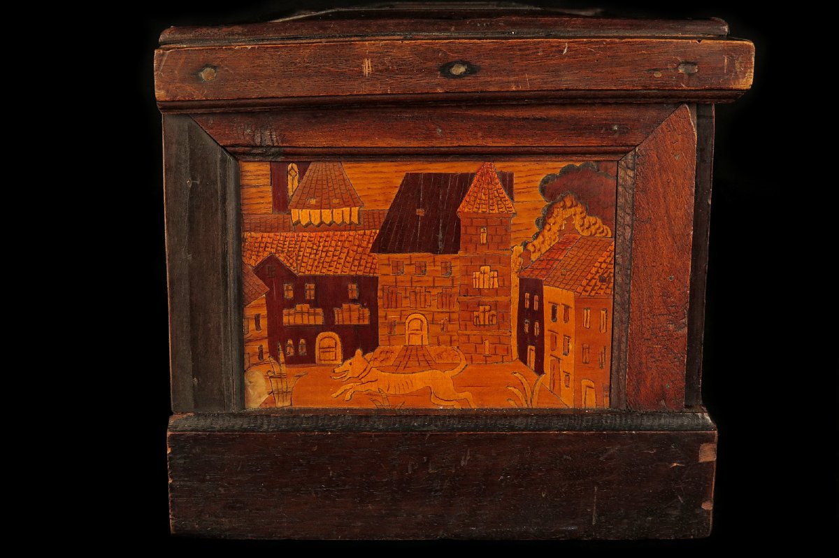 Antique Box With Folk-art Marquetry, Originally From Switzerland, Circa 1850.-photo-4