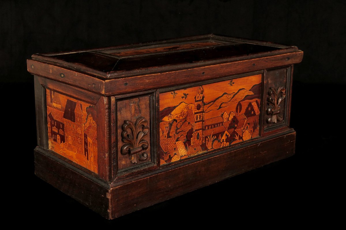 Antique Box With Folk-art Marquetry, Originally From Switzerland, Circa 1850.-photo-5