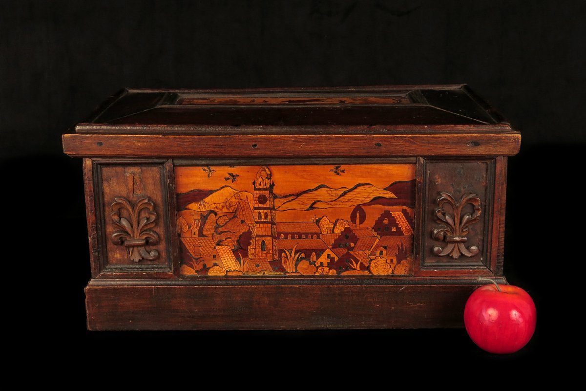 Antique Box With Folk-art Marquetry, Originally From Switzerland, Circa 1850.-photo-8