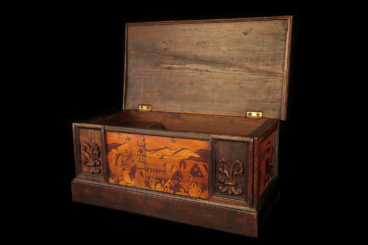 Antique Box With Folk-art Marquetry, Originally From Switzerland, Circa 1850.
